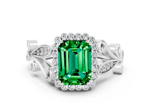White gold Emerald Cut Emerald Halo Ring with Vintage Split Shank and Four-Prong Setting_24