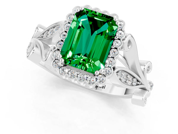 Platinum Emerald Cut Emerald Halo Ring with Vintage Split Shank and Four-Prong Setting