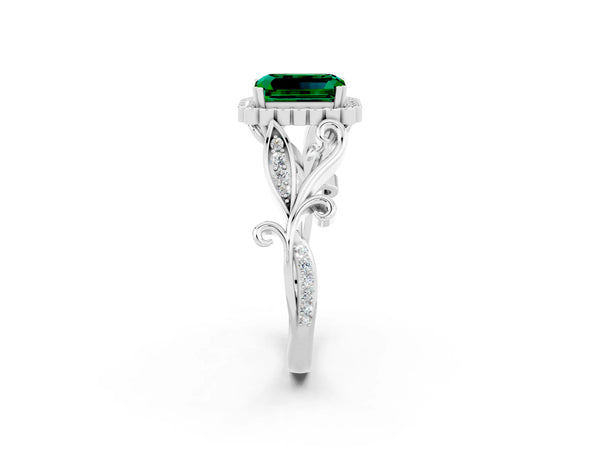 Platinum Emerald Cut Emerald Halo Ring with Vintage Split Shank and Four-Prong Setting