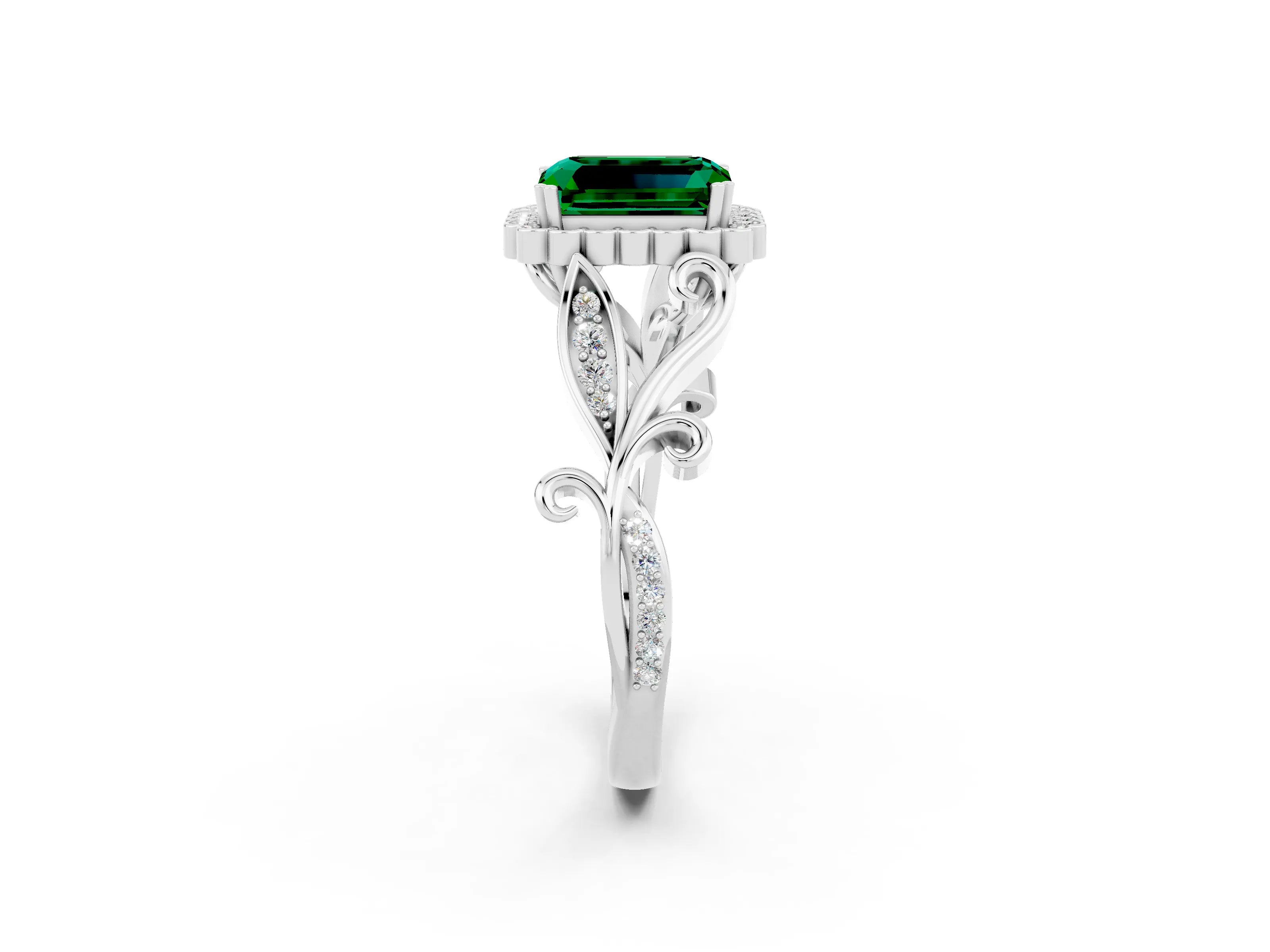 White gold Emerald Cut Emerald Halo Ring with Vintage Split Shank and Four-Prong Setting_26