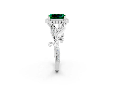 White gold Emerald Cut Emerald Halo Ring with Vintage Split Shank and Four-Prong Setting_26