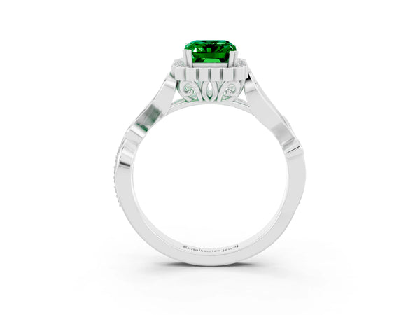 Platinum Emerald Cut Emerald Halo Ring with Vintage Split Shank and Four-Prong Setting