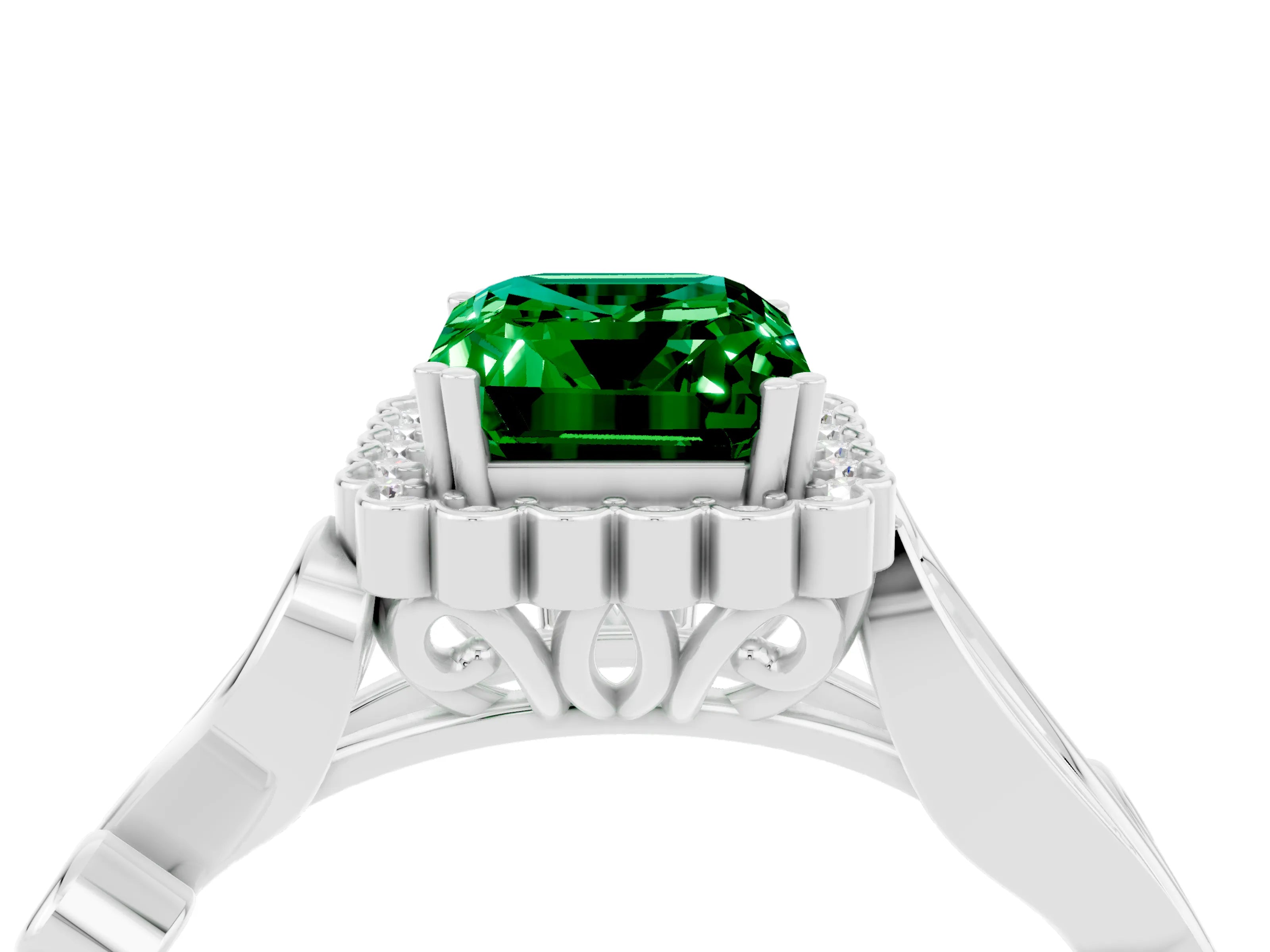 White gold Emerald Cut Emerald Halo Ring with Vintage Split Shank and Four-Prong Setting_28