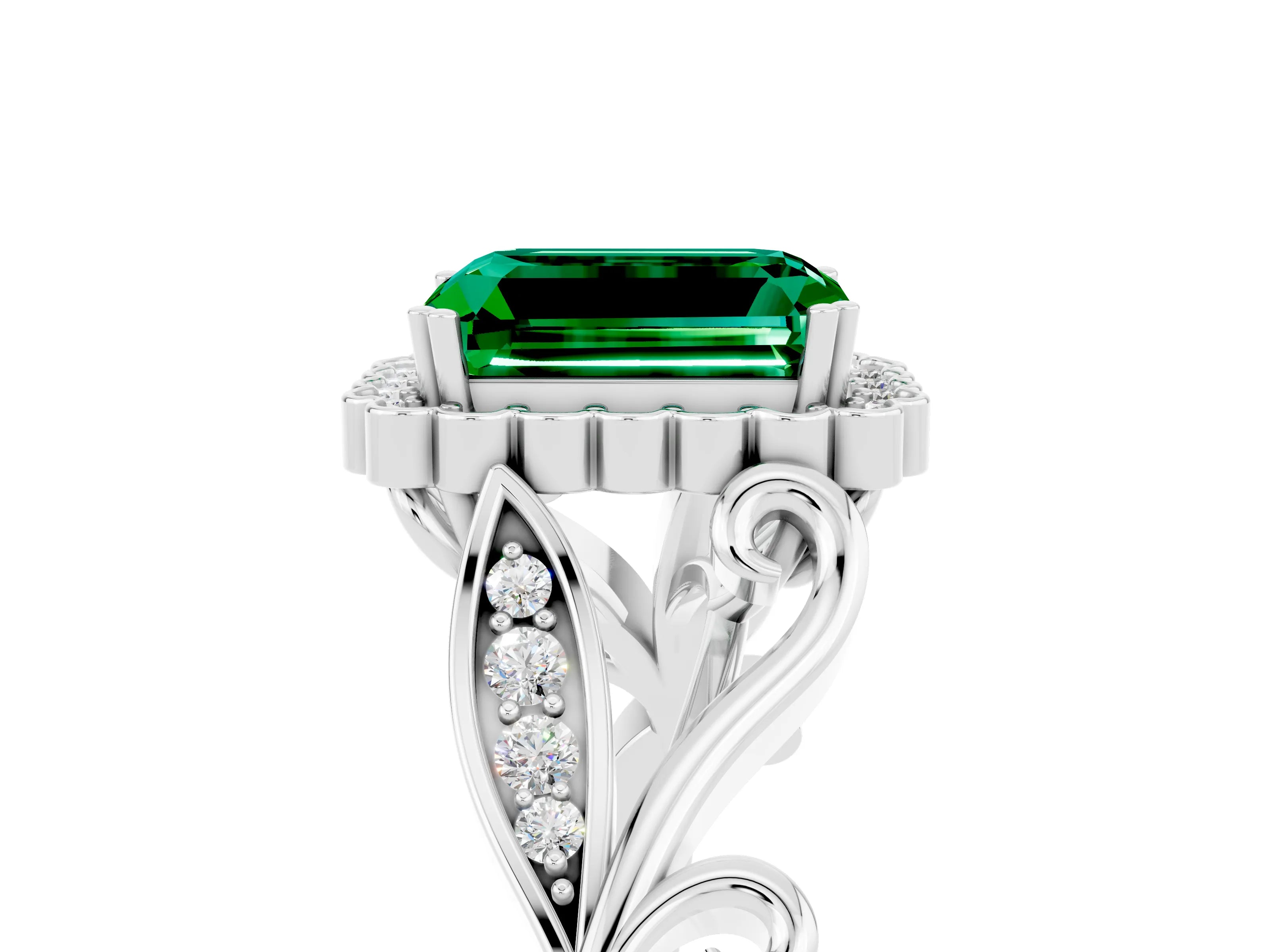 White gold Emerald Cut Emerald Halo Ring with Vintage Split Shank and Four-Prong Setting_29