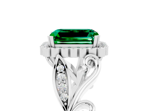 White gold Emerald Cut Emerald Halo Ring with Vintage Split Shank and Four-Prong Setting_29