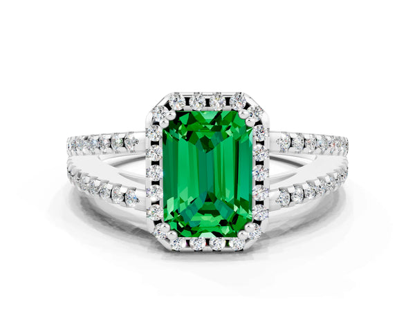 Silver Emerald Cut Emerald Halo Split Shank Engagement Ring