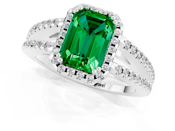 Silver Emerald Cut Emerald Halo Split Shank Engagement Ring