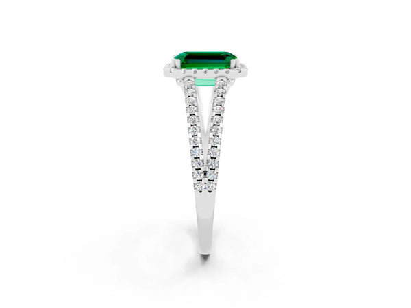 Platinum Emerald Cut Emerald Halo Split Shank Engagement Ring