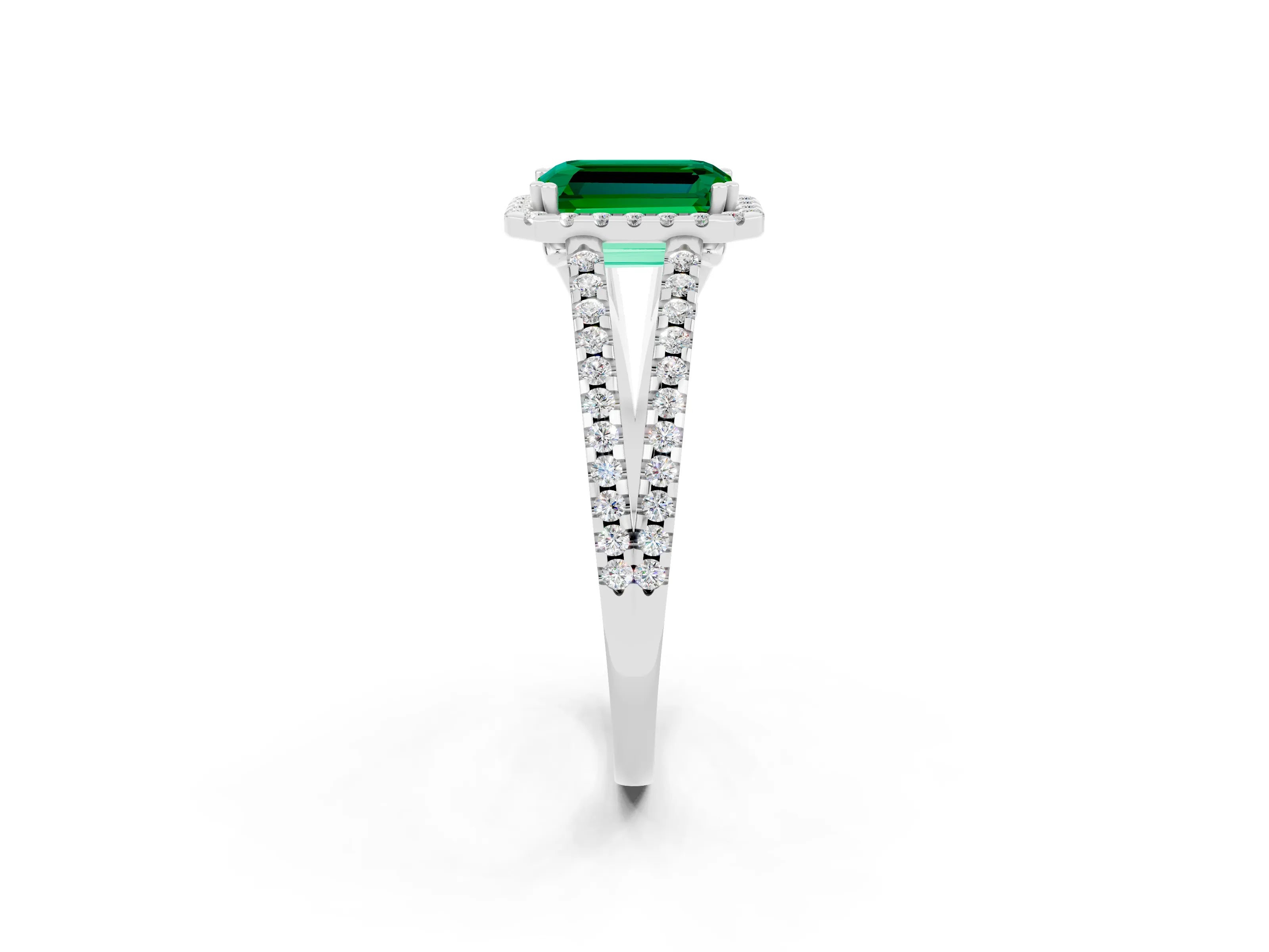 White gold Emerald Cut Emerald Halo Split Shank Engagement Ring_14