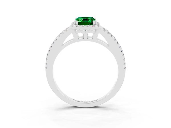 Platinum Emerald Cut Emerald Halo Split Shank Engagement Ring