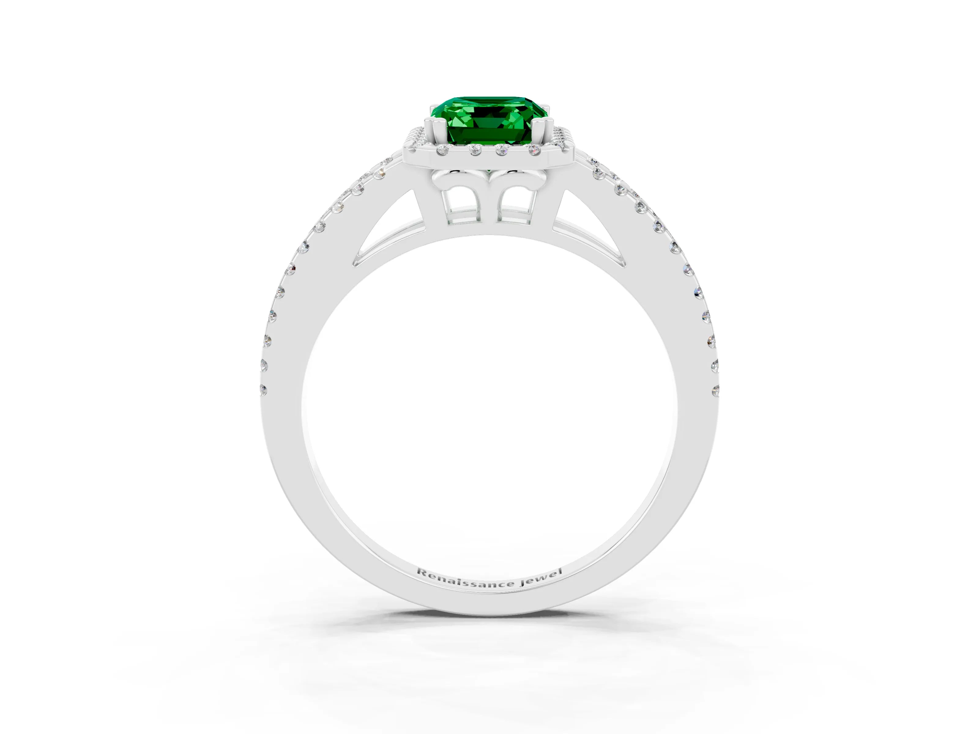 White gold Emerald Cut Emerald Halo Split Shank Engagement Ring_15