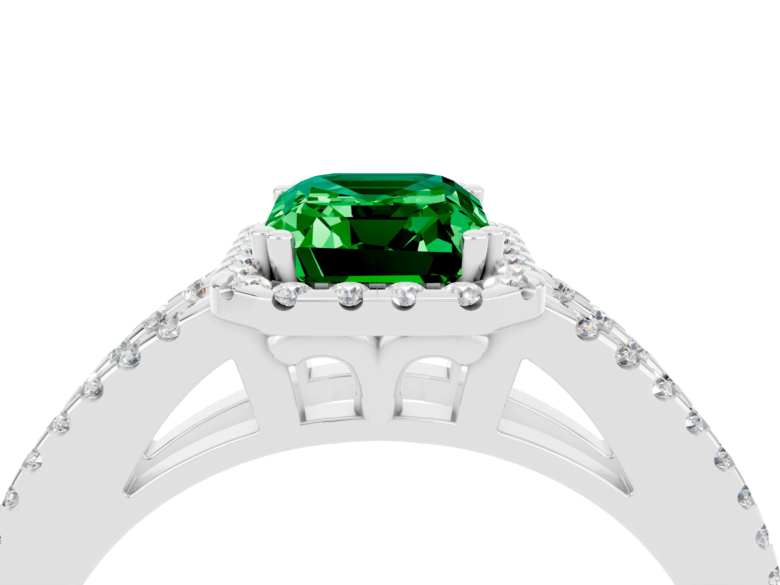 White gold Emerald Cut Emerald Halo Split Shank Engagement Ring_16