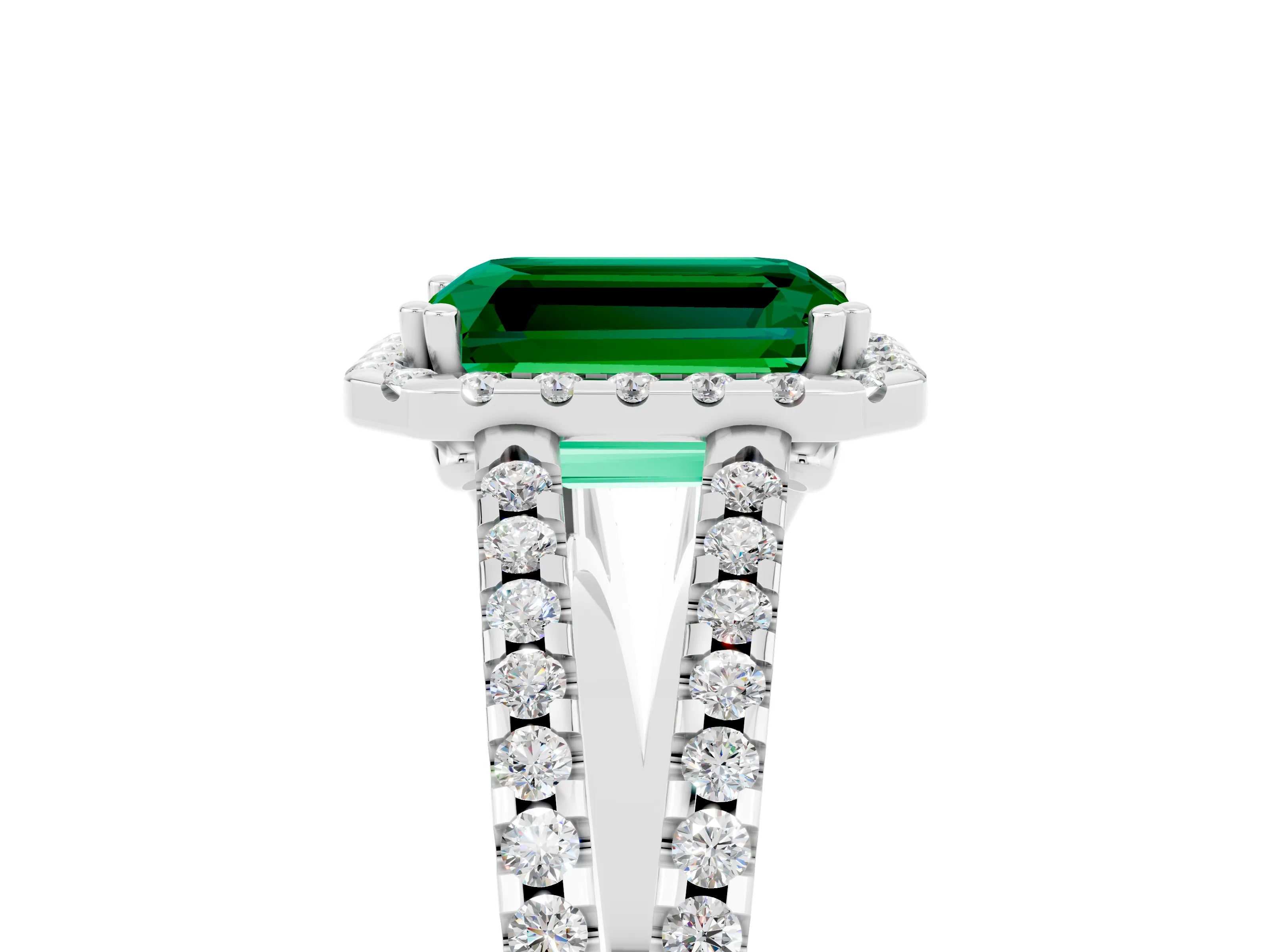 White gold Emerald Cut Emerald Halo Split Shank Engagement Ring_17