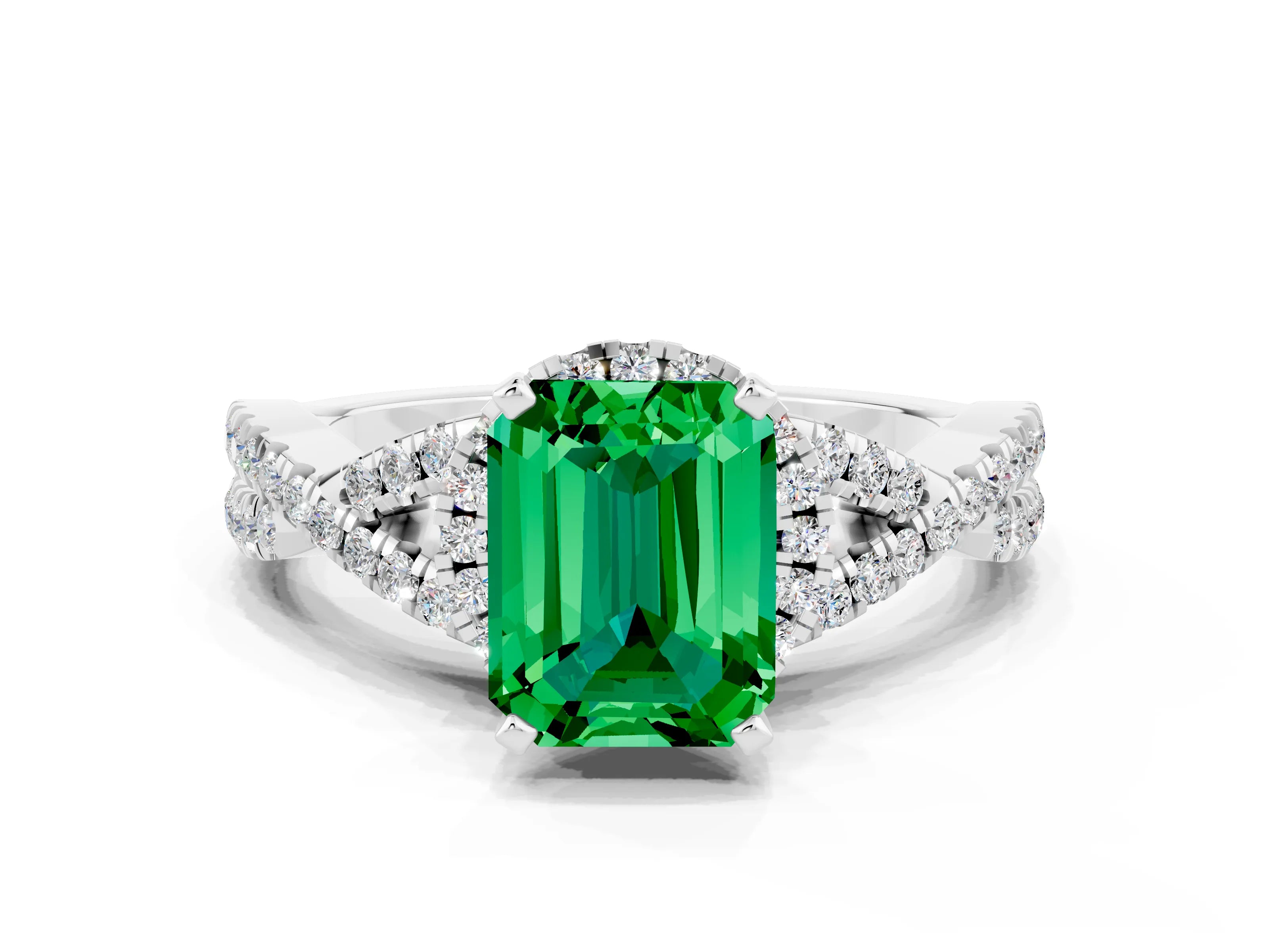 White gold Emerald Cut Emerald Halo Twist Band Solitaire Prong Setting Ring