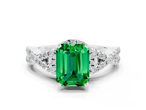 White gold Emerald Cut Emerald Halo Twist Band Solitaire Prong Setting Ring