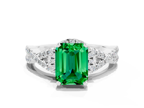 White gold Emerald Cut Emerald  Halo Twist Band Solitaire Prong Setting Ring