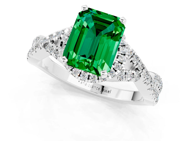 White gold Emerald Cut Emerald  Halo Twist Band Solitaire Prong Setting Ring