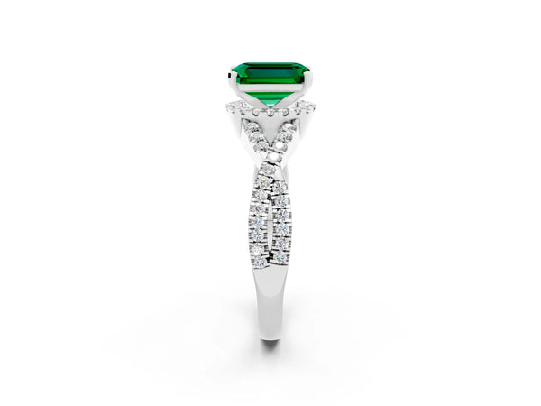 Platinum Emerald Cut Emerald  Halo Twist Band Solitaire Prong Setting Ring