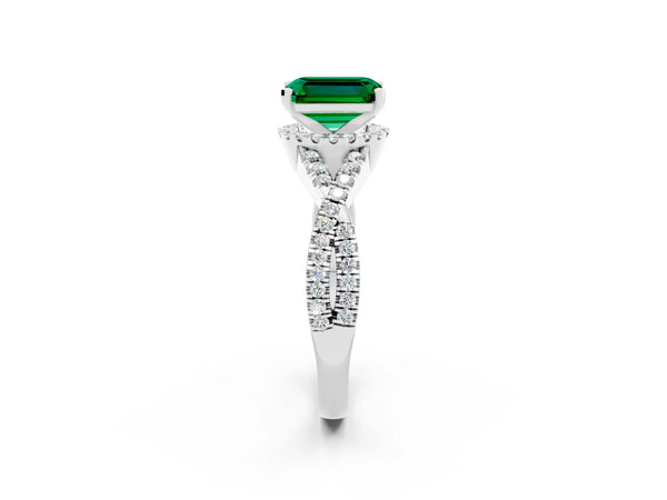 White gold Emerald Cut Emerald  Halo Twist Band Solitaire Prong Setting Ring