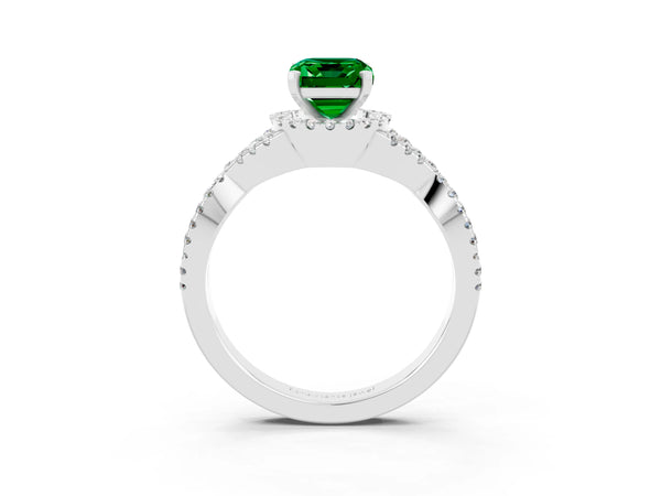 White gold Emerald Cut Emerald  Halo Twist Band Solitaire Prong Setting Ring