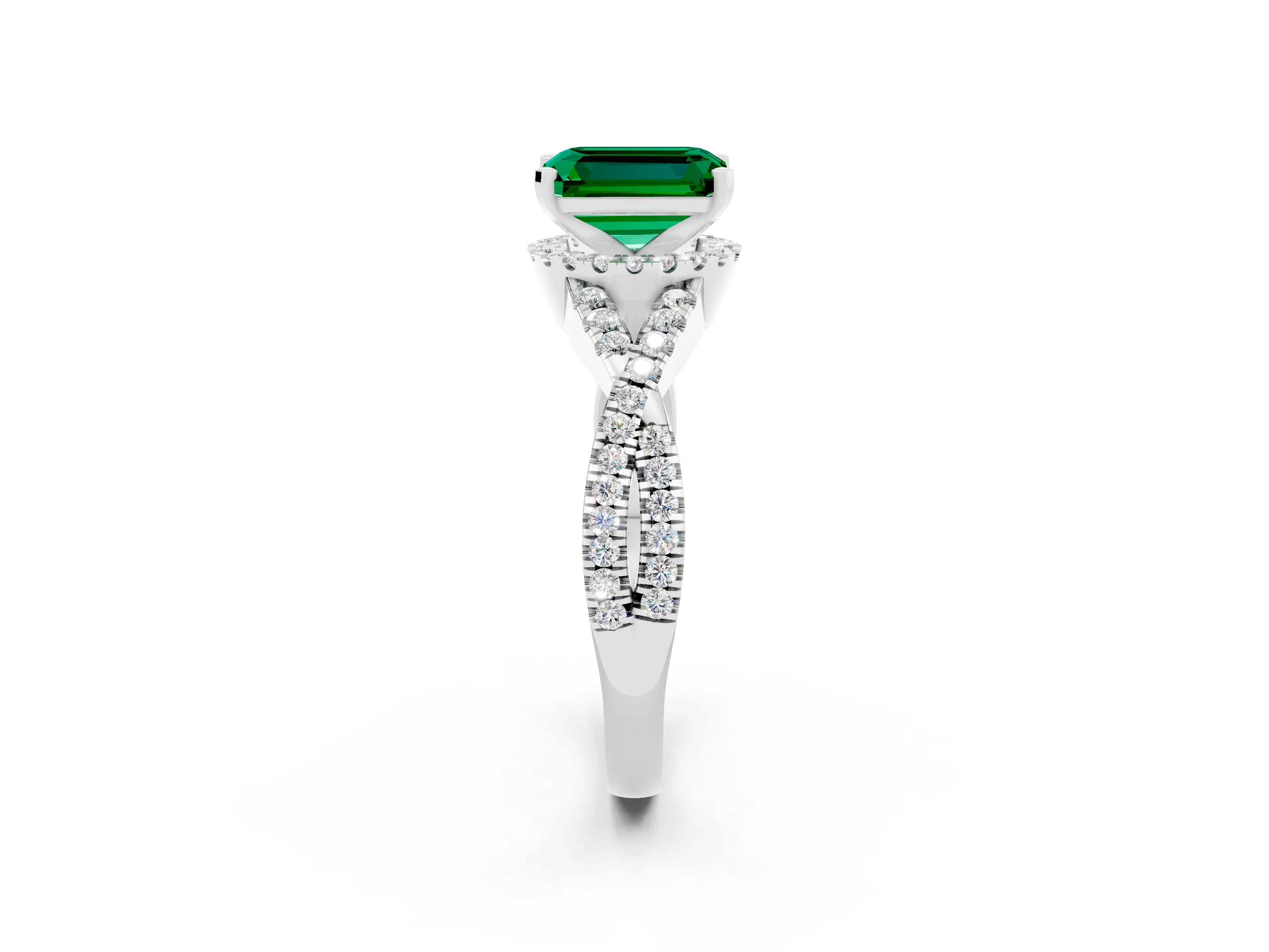 White gold Emerald Cut Emerald Halo Twist Band Solitaire Prong Setting Ring_2