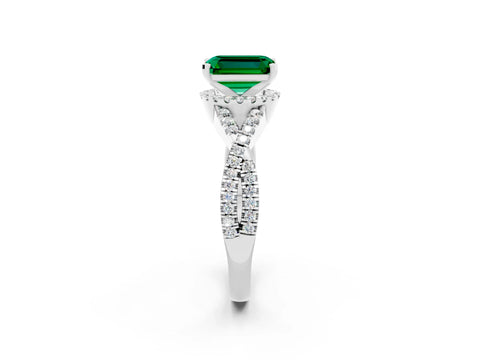 White gold Emerald Cut Emerald Halo Twist Band Solitaire Prong Setting Ring_2