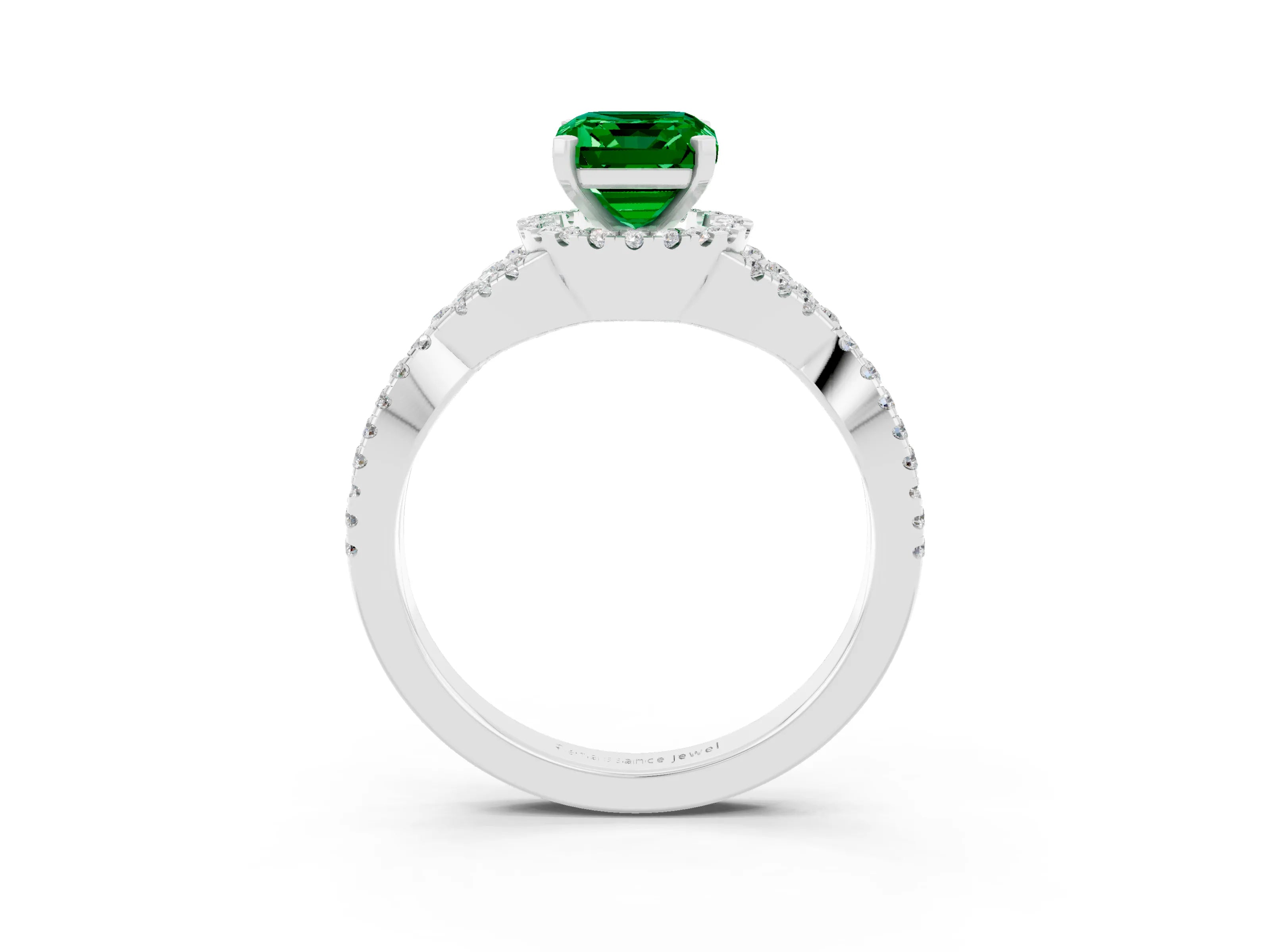 White gold Emerald Cut Emerald Halo Twist Band Solitaire Prong Setting Ring_3