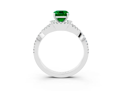 White gold Emerald Cut Emerald Halo Twist Band Solitaire Prong Setting Ring_3
