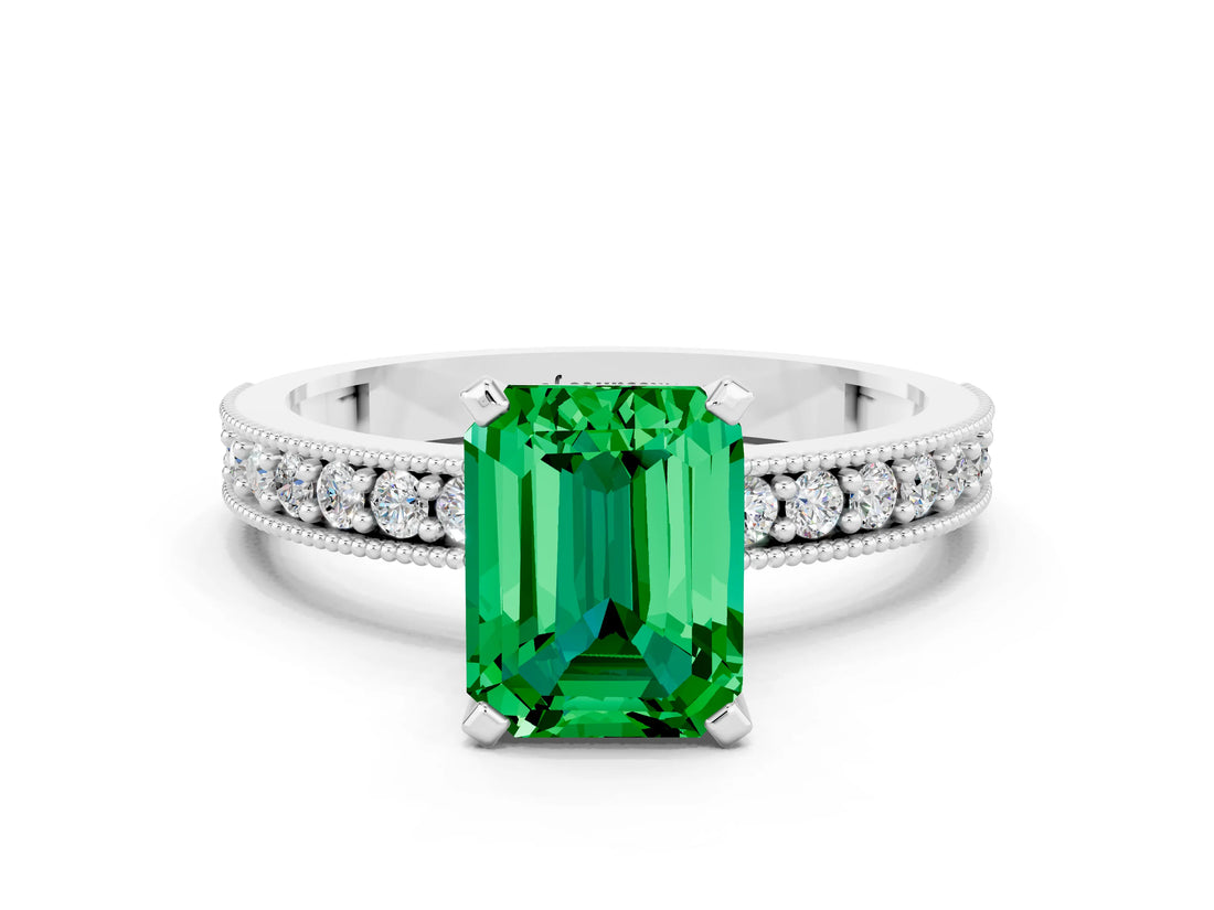 White gold Emerald Cut Emerald Milgrain Pavé Engagement Ring with Four-Prong Setting_12