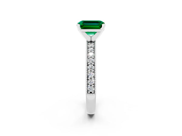 Platinum Emerald Cut Emerald Milgrain Pavé Engagement Ring with Four-Prong Setting