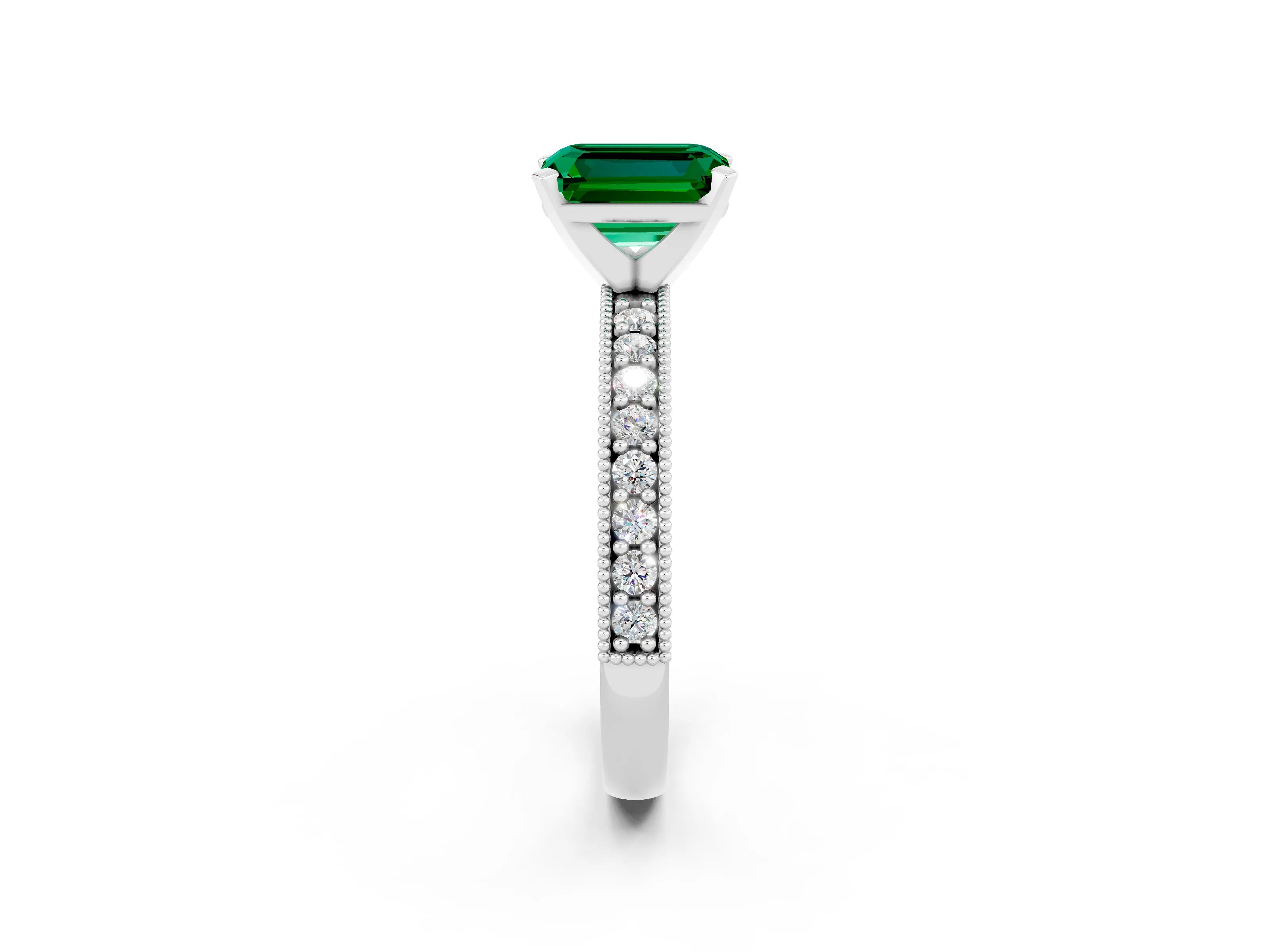 White gold Emerald Cut Emerald Milgrain Pavé Engagement Ring with Four-Prong Setting_14