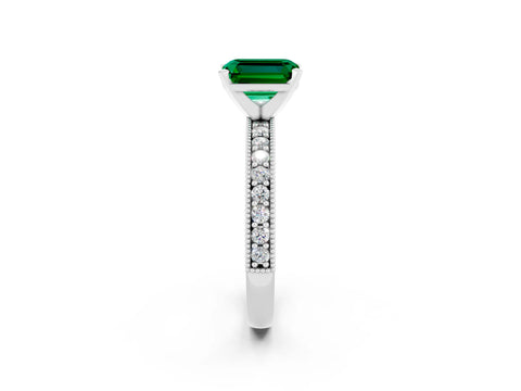 White gold Emerald Cut Emerald Milgrain Pavé Engagement Ring with Four-Prong Setting_14