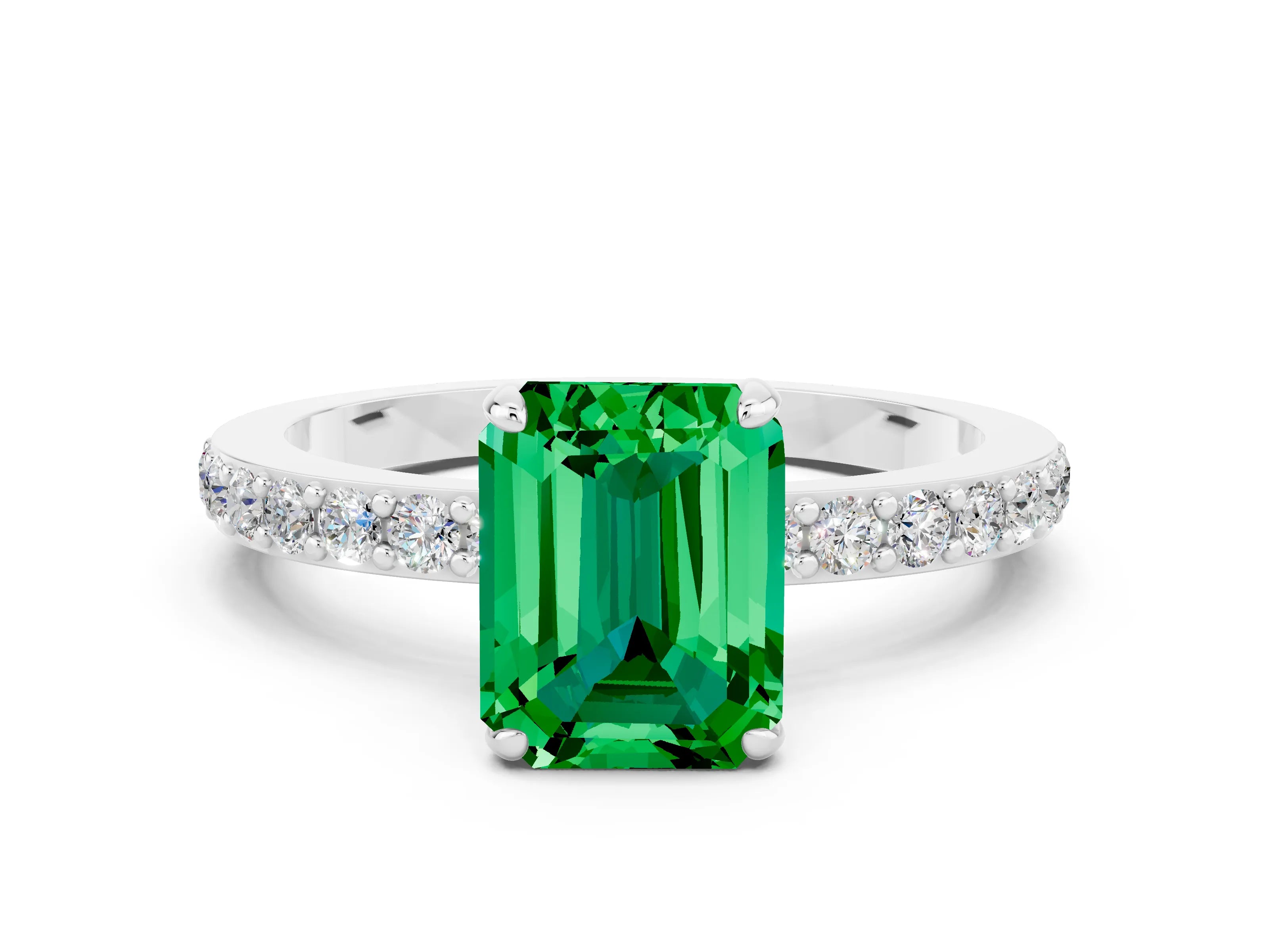 White gold Emerald Cut Emerald Pavé Engagement Ring with Round  Accents and Prong Setting_24