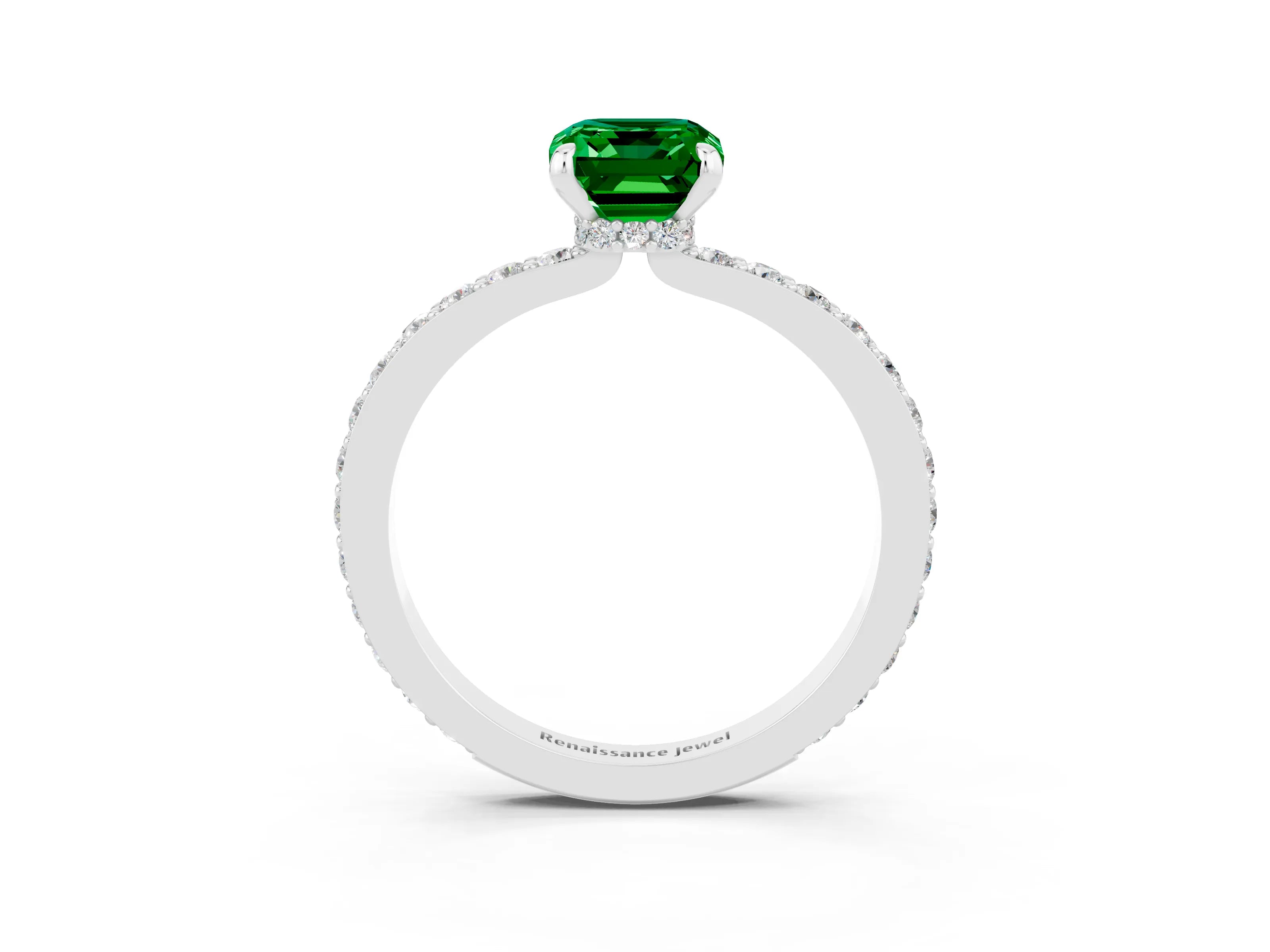 White gold Emerald Cut Emerald Pavé Engagement Ring with Round  Accents and Prong Setting_27
