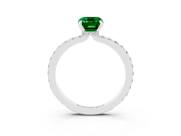 Silver Emerald Cut Emerald Pavé Engagement Ring with Round  Accents and Prong Setting