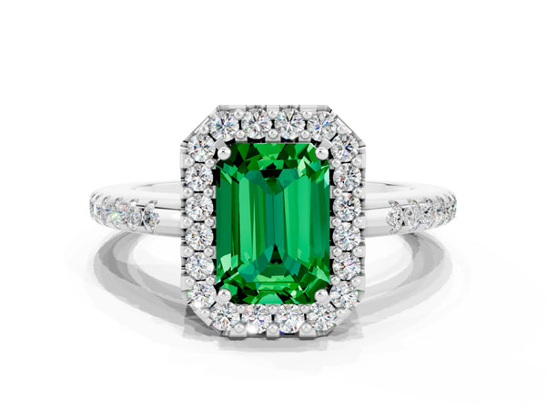 Platinum Emerald Cut Emerald Pavé Halo Ring with Four-Prong Setting