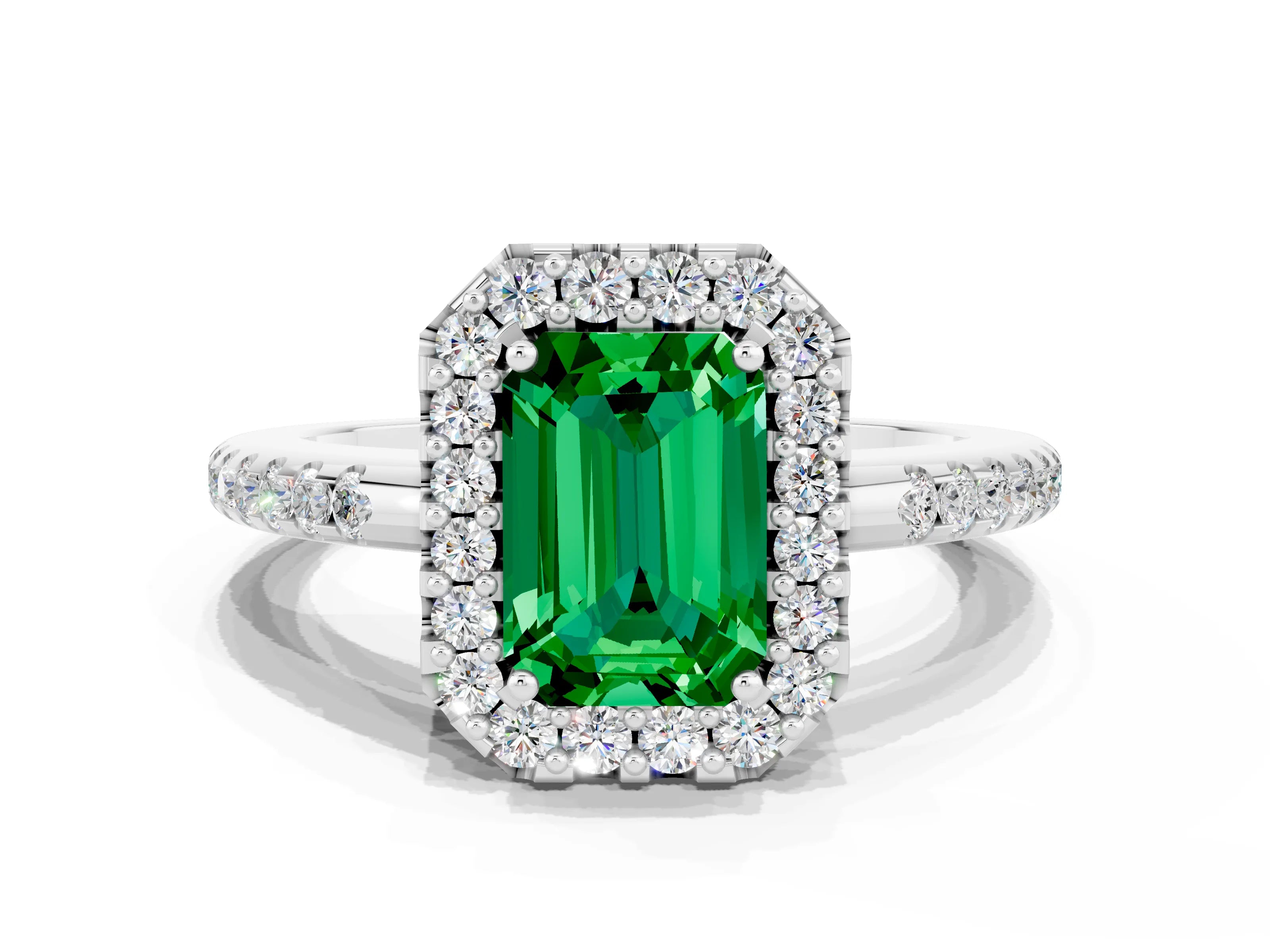 White gold Emerald Cut Emerald Pavé Halo Ring with Four-Prong Setting_12