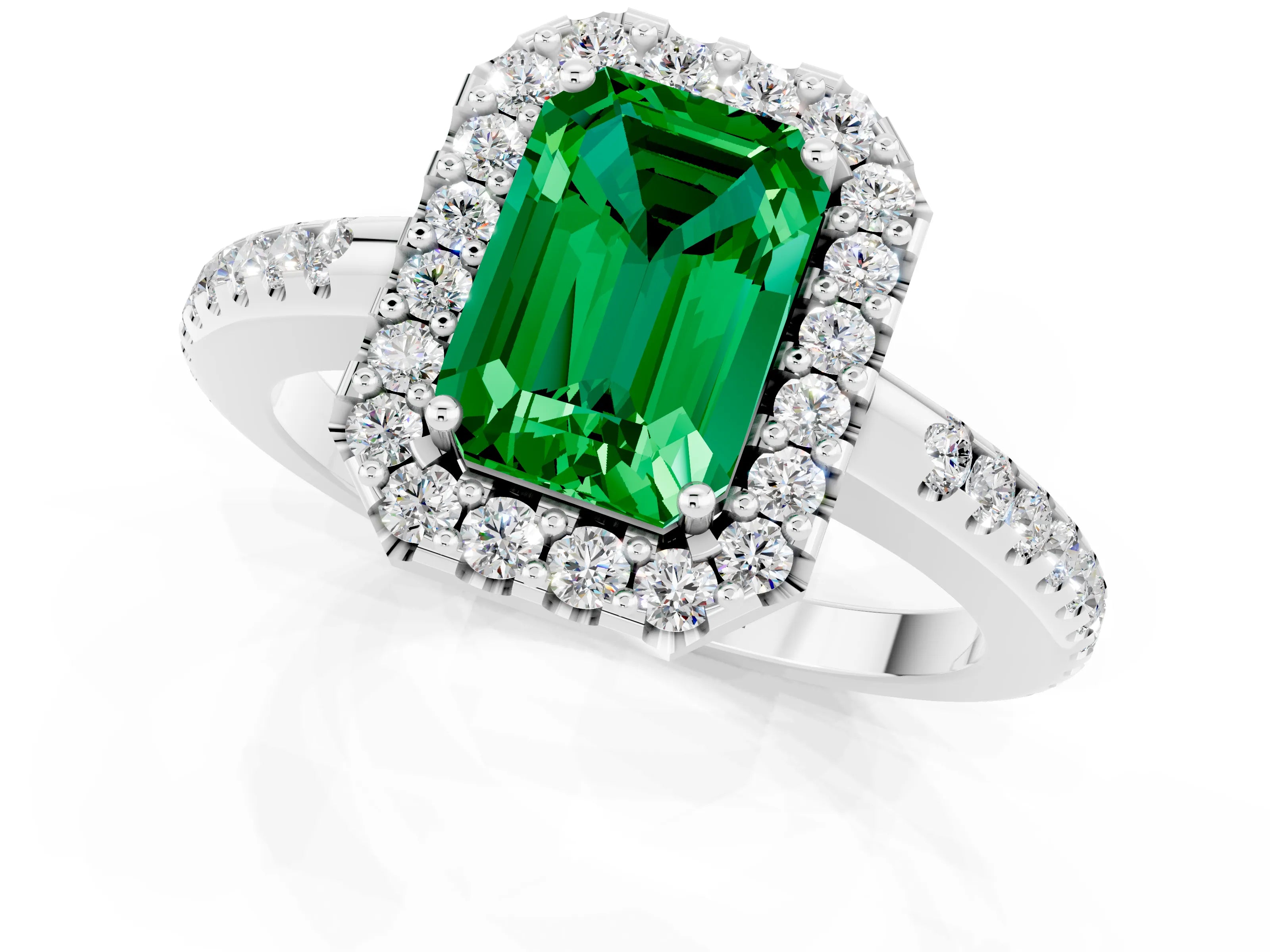 White gold Emerald Cut Emerald Pavé Halo Ring with Four-Prong Setting_13