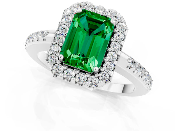 Platinum Emerald Cut Emerald Pavé Halo Ring with Four-Prong Setting