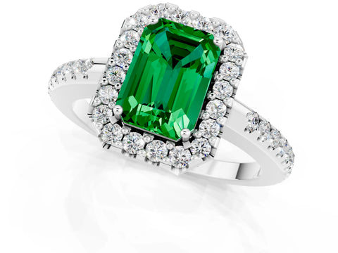 White gold Emerald Cut Emerald Pavé Halo Ring with Four-Prong Setting_13