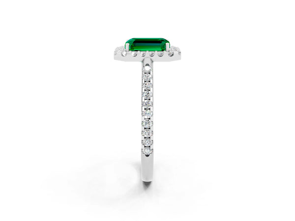 Platinum Emerald Cut Emerald Pavé Halo Ring with Four-Prong Setting