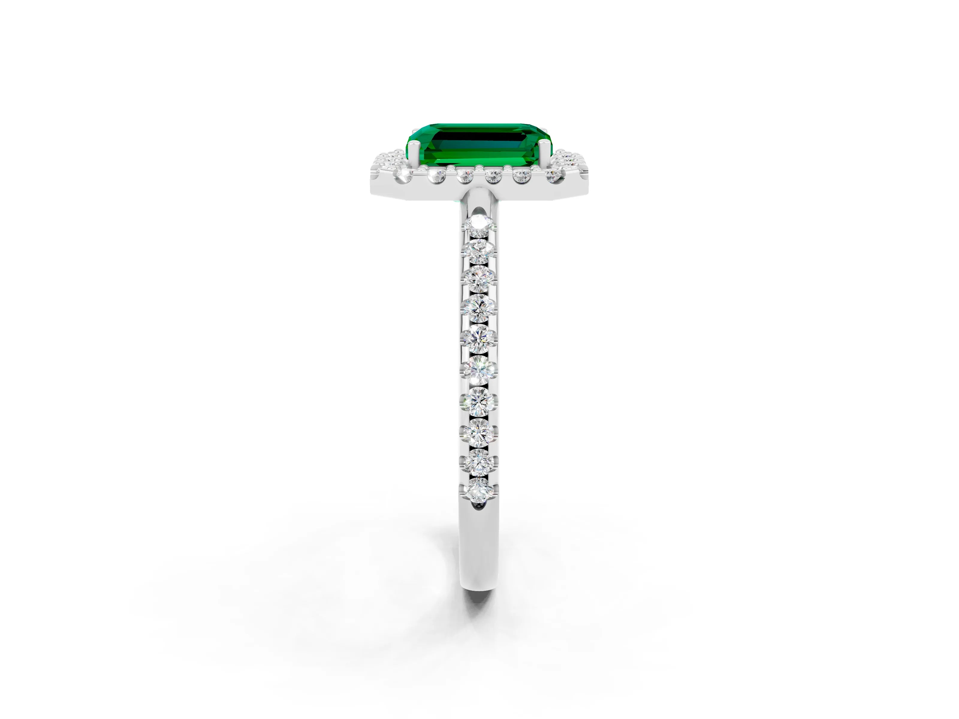 White gold Emerald Cut Emerald Pavé Halo Ring with Four-Prong Setting_14