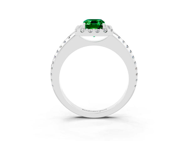 White gold Emerald Cut Emerald Pavé Halo Ring with Four-Prong Setting