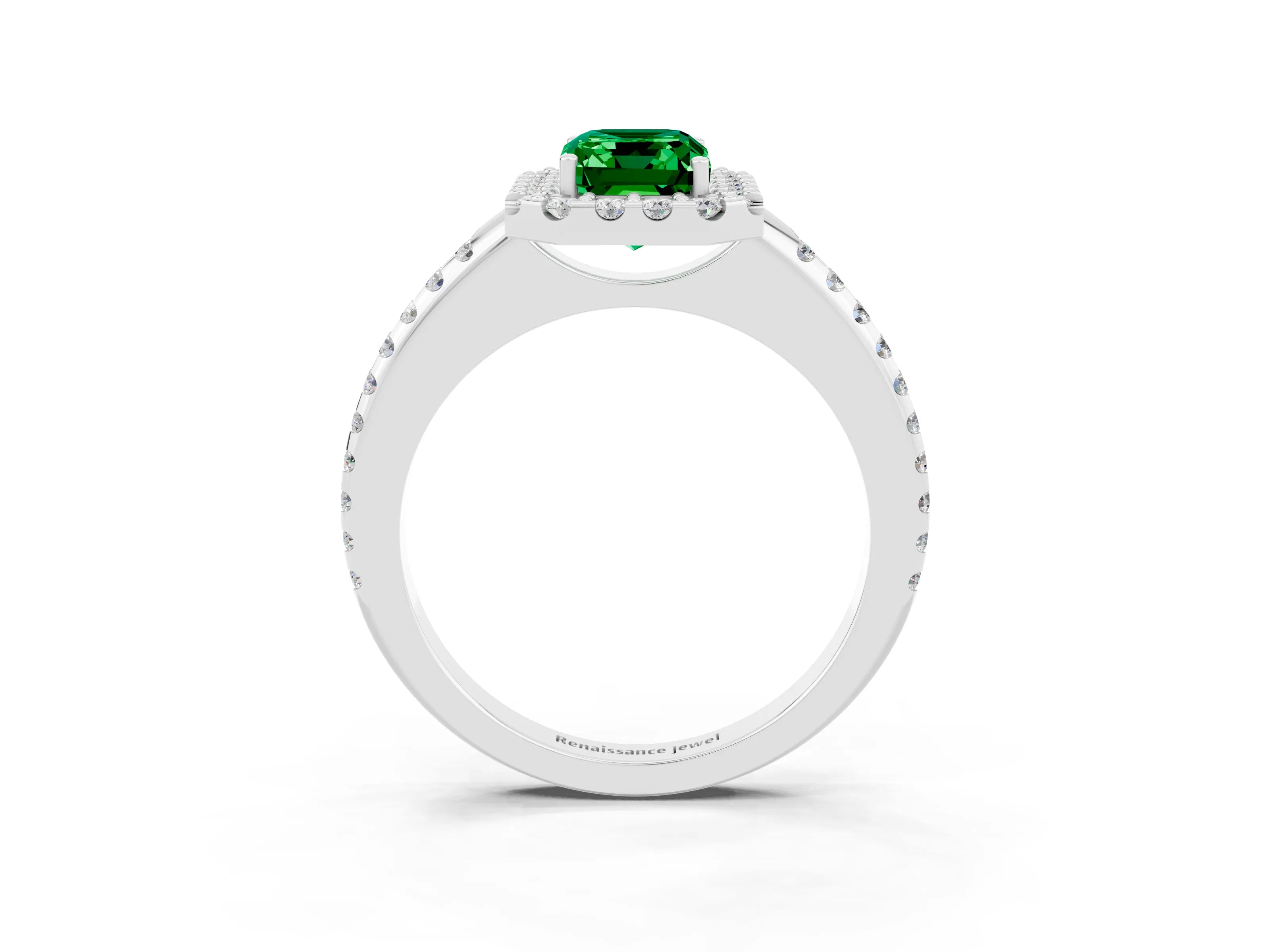 White gold Emerald Cut Emerald Pavé Halo Ring with Four-Prong Setting_15