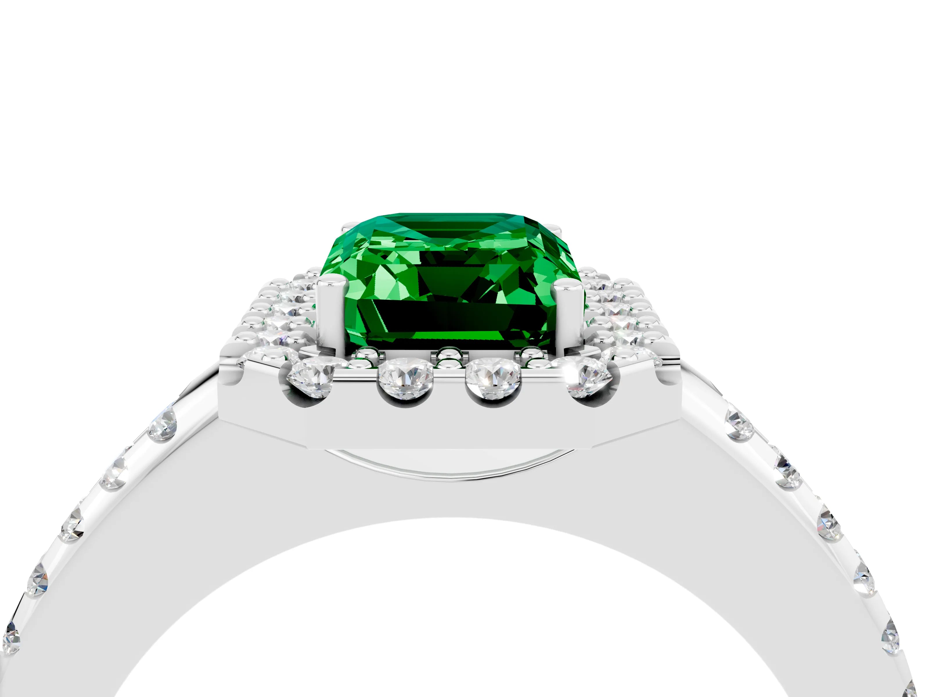 White gold Emerald Cut Emerald Pavé Halo Ring with Four-Prong Setting_16
