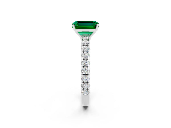 Silver Emerald Cut Emerald Pavé Solitaire Engagement Ring with Four-Prong Setting