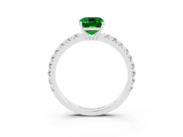 White gold Emerald Cut Emerald Pavé Solitaire Engagement Ring with Four-Prong Setting