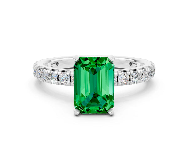 Silver Emerald Cut Emerald Pavé Solitaire Ring with Round Band and Prong Setting