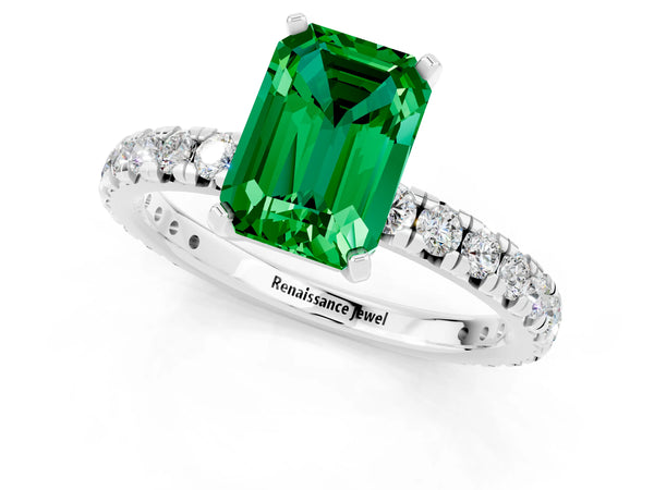 Silver Emerald Cut Emerald Pavé Solitaire Ring with Round Band and Prong Setting