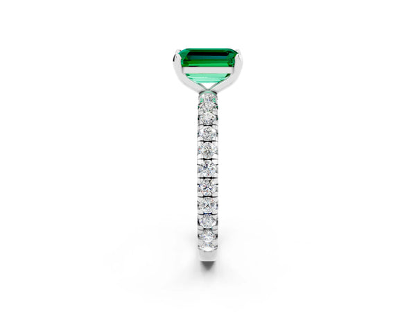 Platinum Emerald Cut Emerald Pavé Solitaire Ring with Round Band and Prong Setting